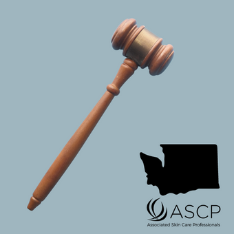 Brown gavel over blue grey background with shape of Washington
