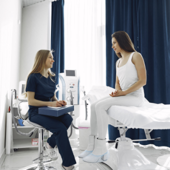 client consults with her esthetician